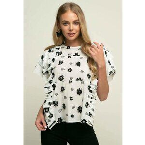 24. Eva Franco Zoe Floral Ruffle Blouse 100% Cotton Black and White